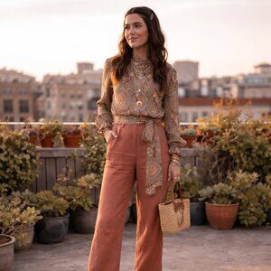 BOHO Vintage Retro Paisley Ruffled Intricate Artsy Blouse with Belt SZ XL